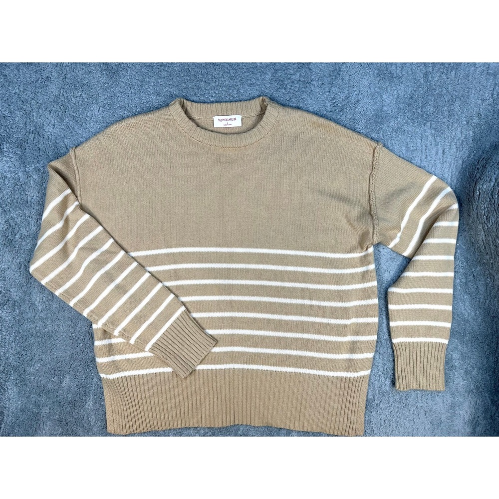 Buttermelon Knit Sweater womens S Tan white‎ stripe crewneck pullover preppy